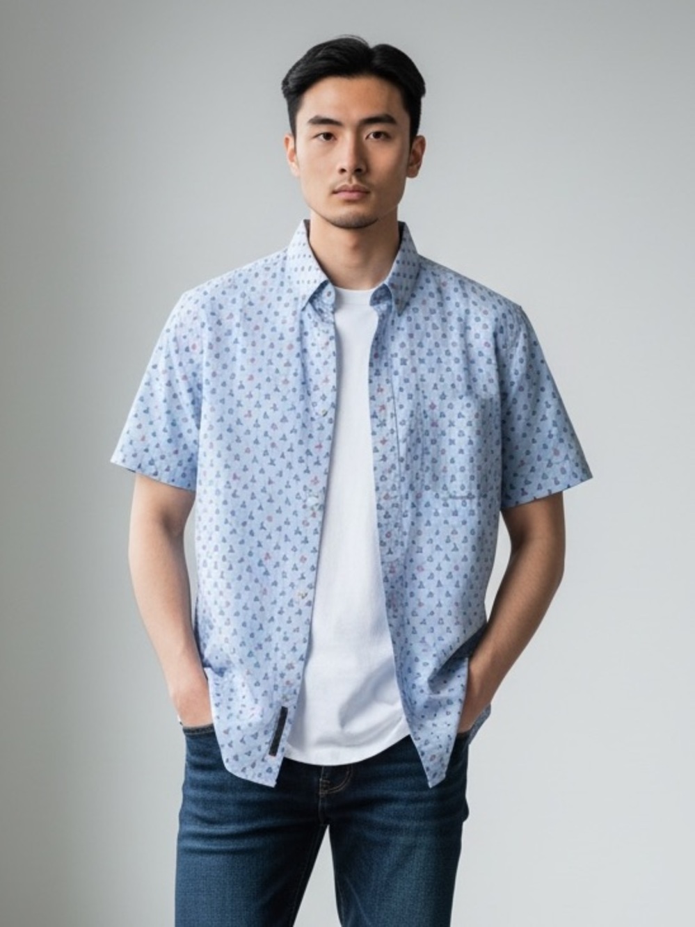 Lee 1889 Men’s Medium Light Blue Boat Print Pocket Shirt Short Sleeve Casual Y2K
